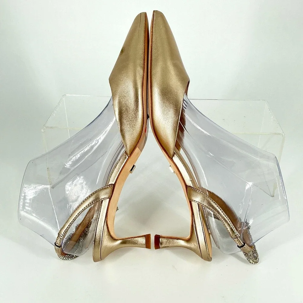 Badgley Mischka Size 8 Champagne Gold Leather Rhinestone Bow Kitten Heel NEW$255
